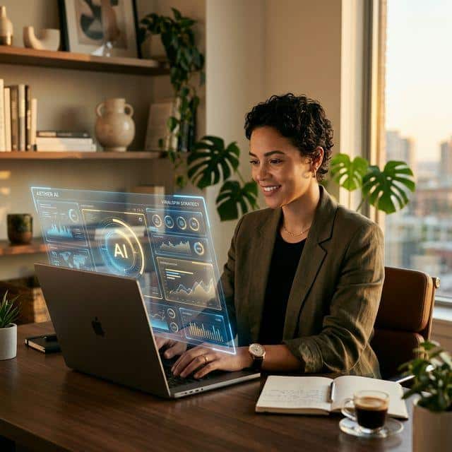 Illustrasjonsbilde av en dame som sitter ved PC og jobber med AI-verktøy